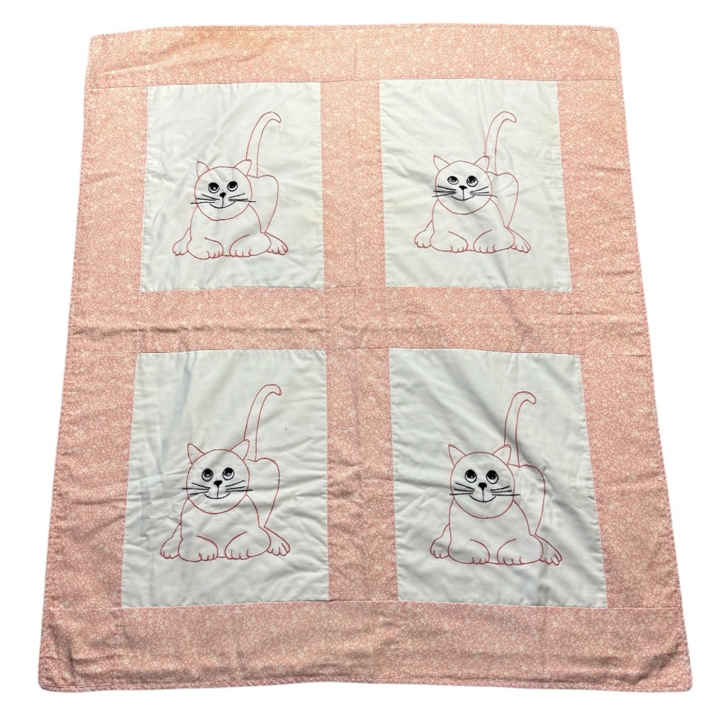Vintage cat patchwork baby blanket pink embroidered kitten 35x42